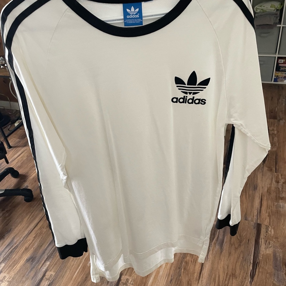 adidas White and Black Retro Trefoil Long Sleeve Top